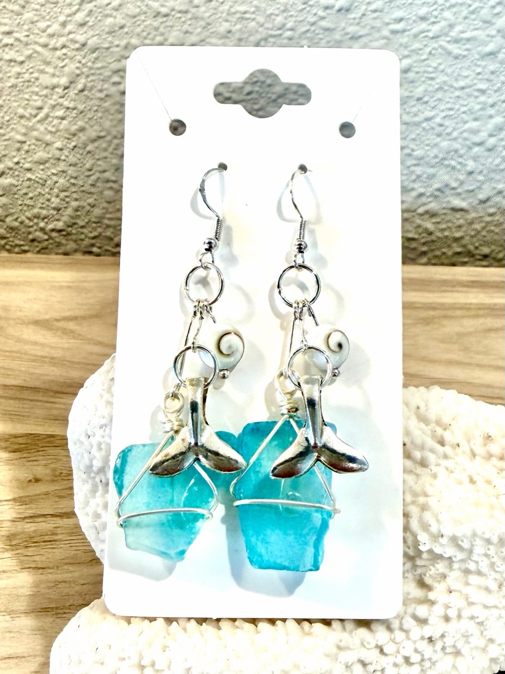 37. Silver Mermaid Tail Aqua Sea Glass Dangle Earrings